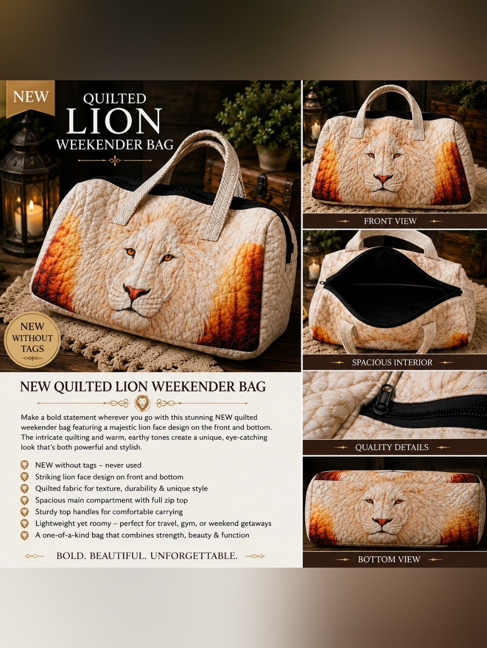 Quilted Lion Weekender Bag - Cream & Brown